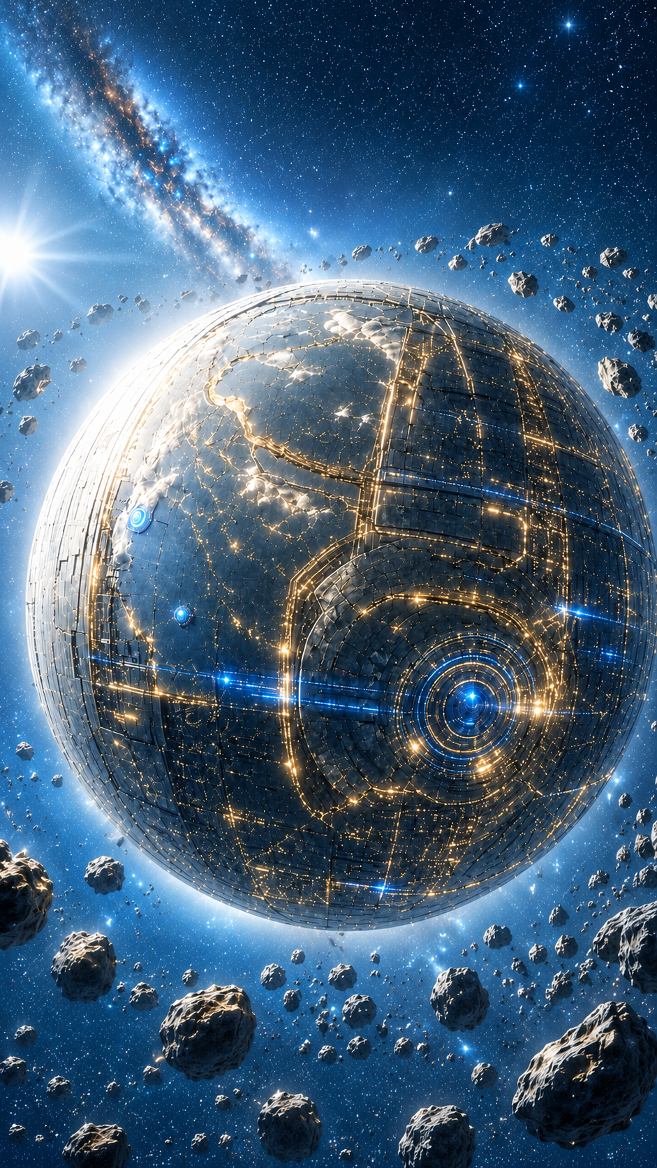 The Construct awakened with blue-gold resonance, asteroid fields, and visible megastructure systems