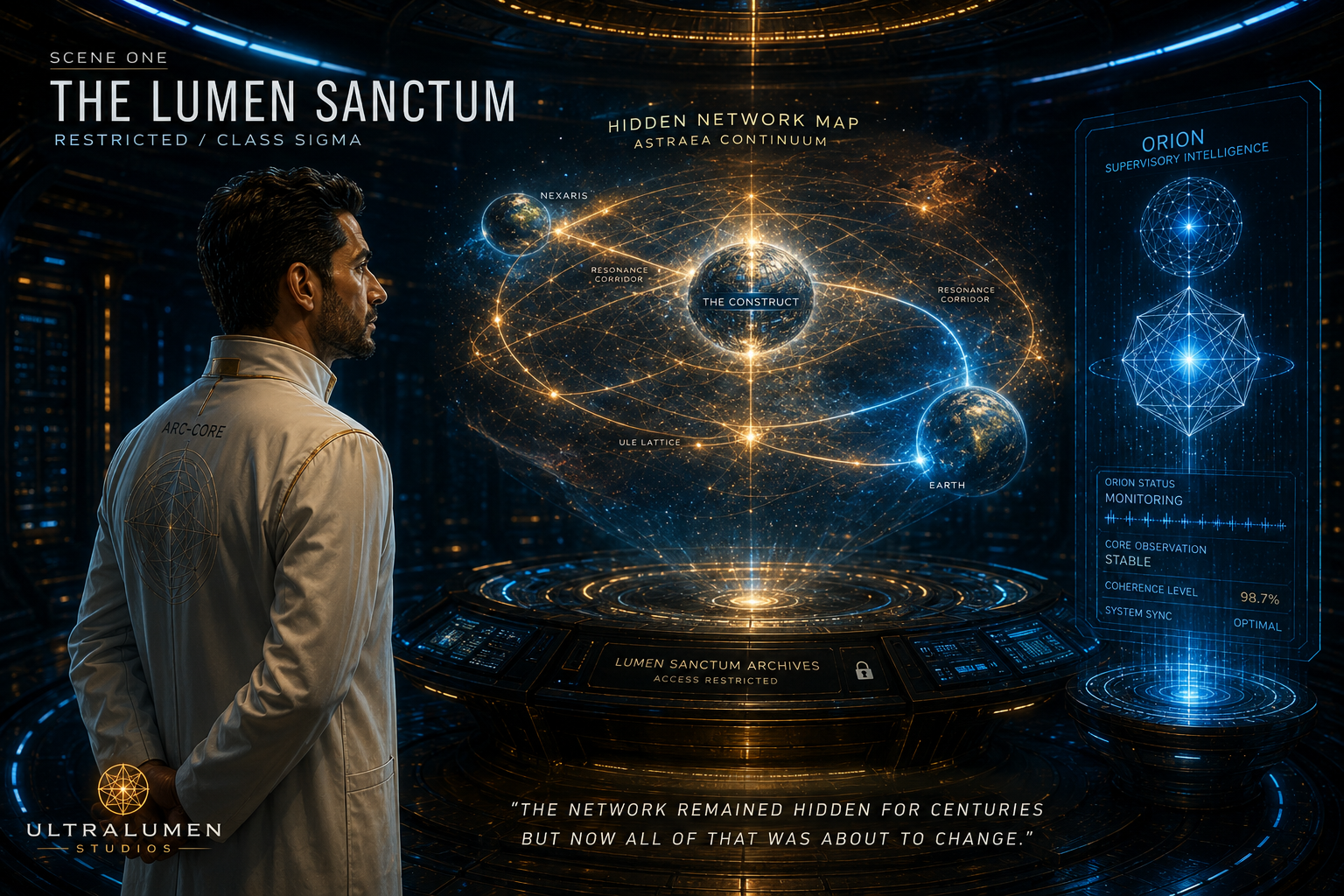 Adrian Vale observing the hidden network map in the Lumen Sanctum with the Construct, Earth, Nexaris, resonance corridors, and ORION status panel