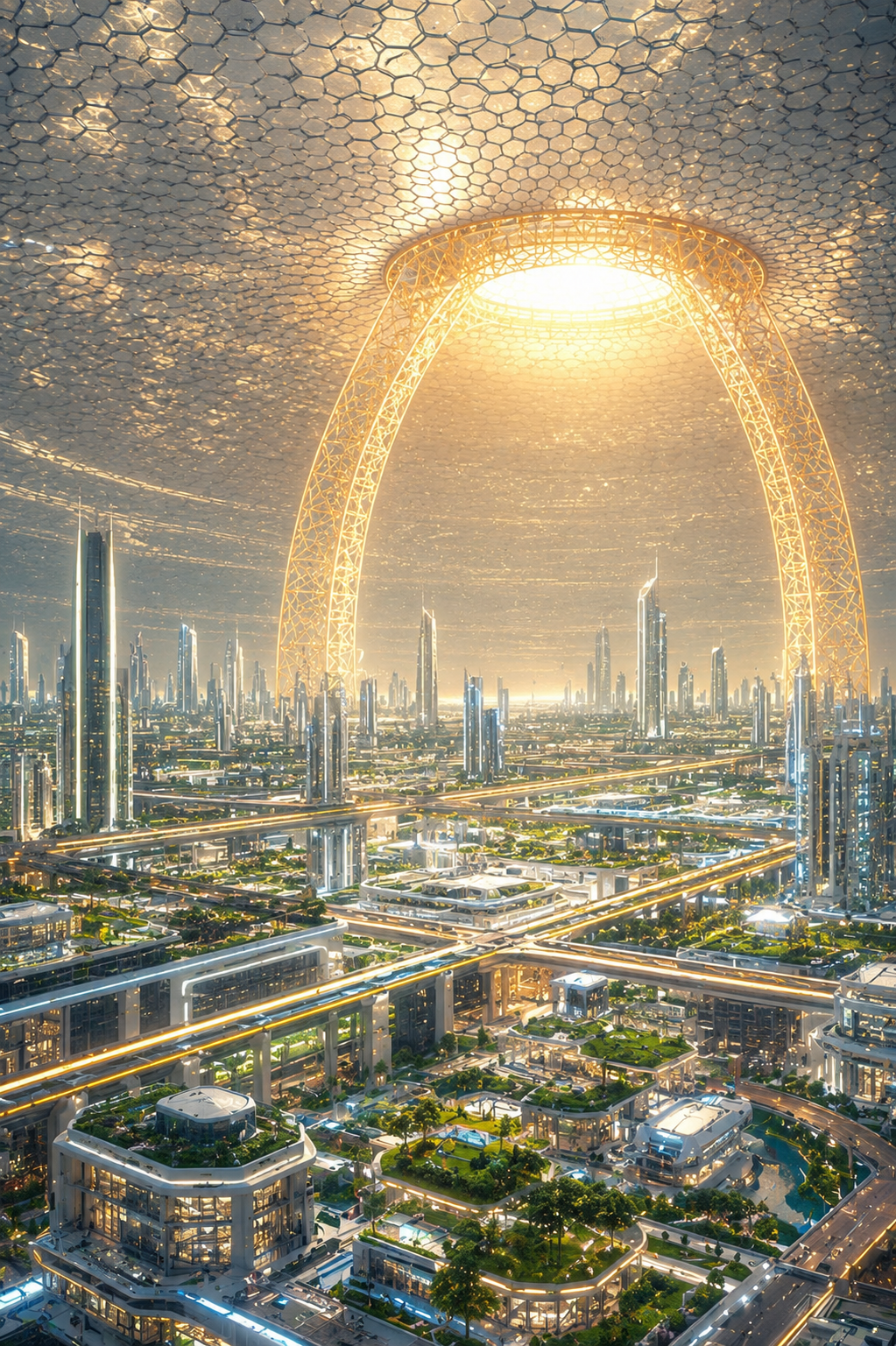 The City of New Lumen inside the Construct beneath the golden Lumen Arc