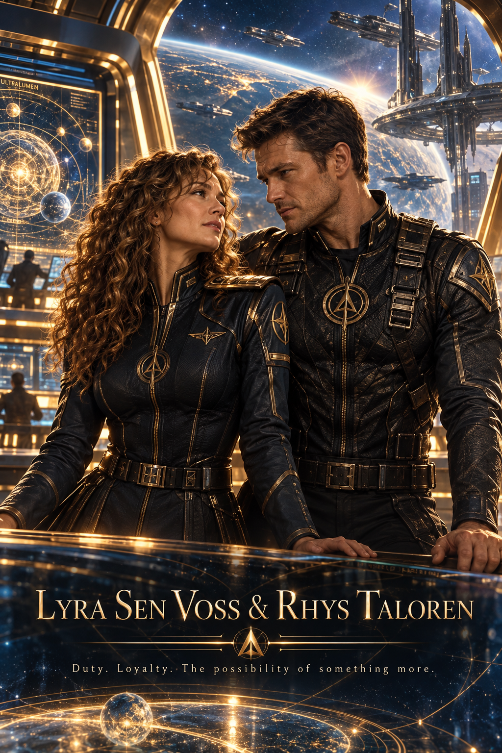Lyra Sen Voss and Rhys Taloren aboard a starship, sharing a close gaze